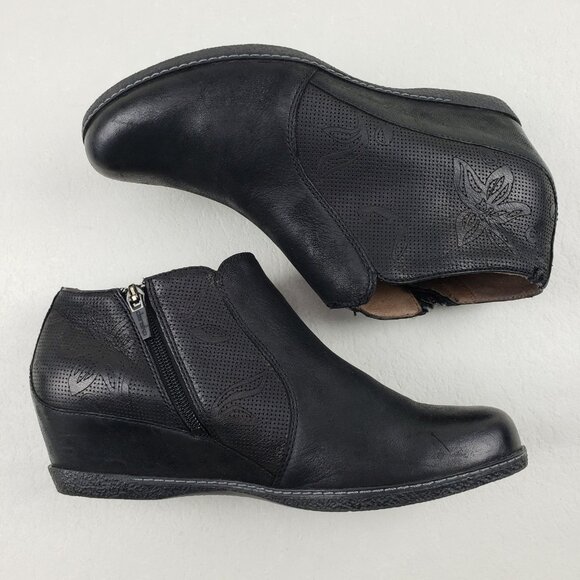 Dansko Luann Wedge Ankle Boot Womens 9.5-10 40 EU Black Leather Floral Side Zip - Picture 7 of 13